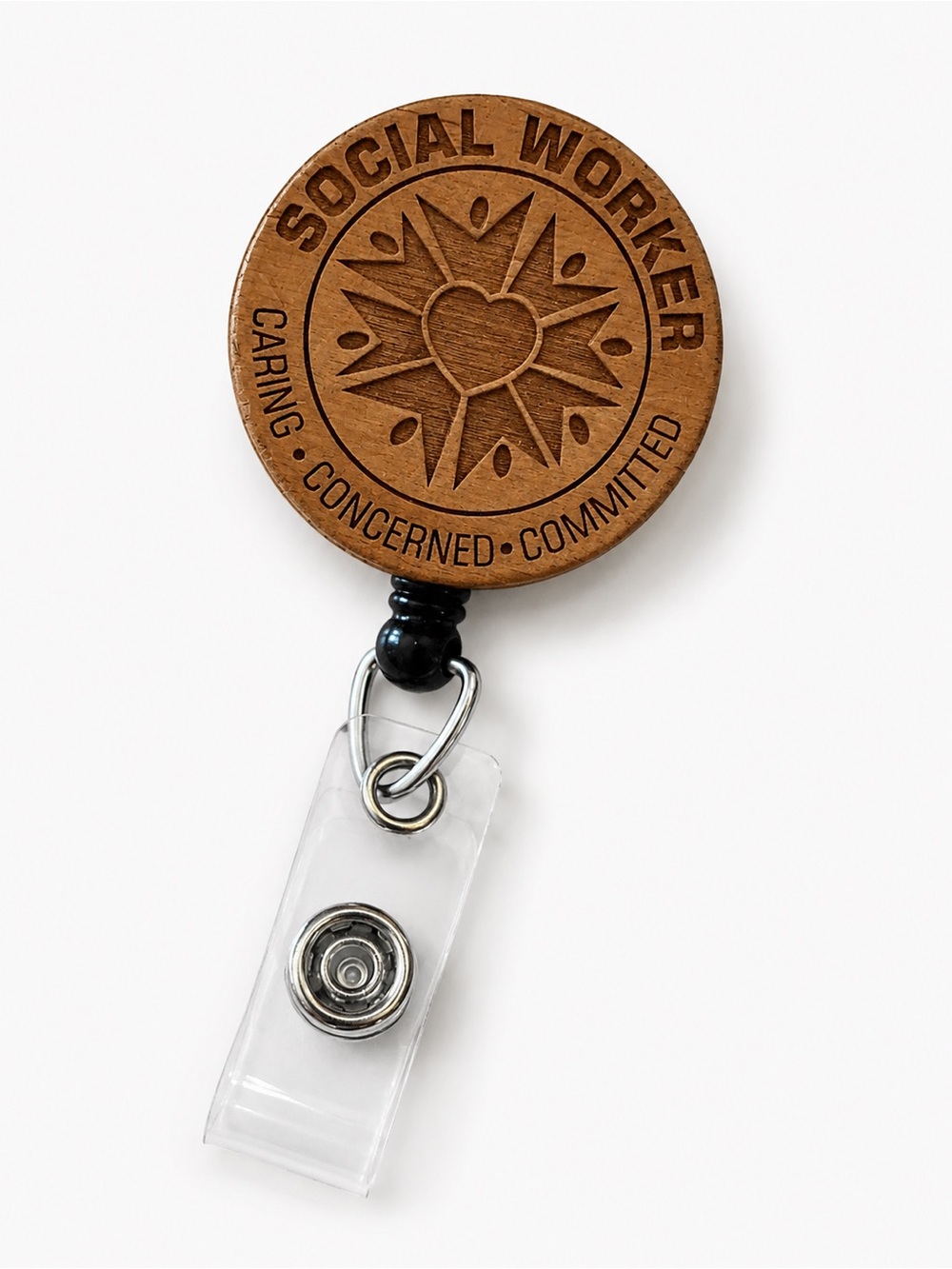 Social Worker Wooden Badge Reel - Caring Concerned Committed
